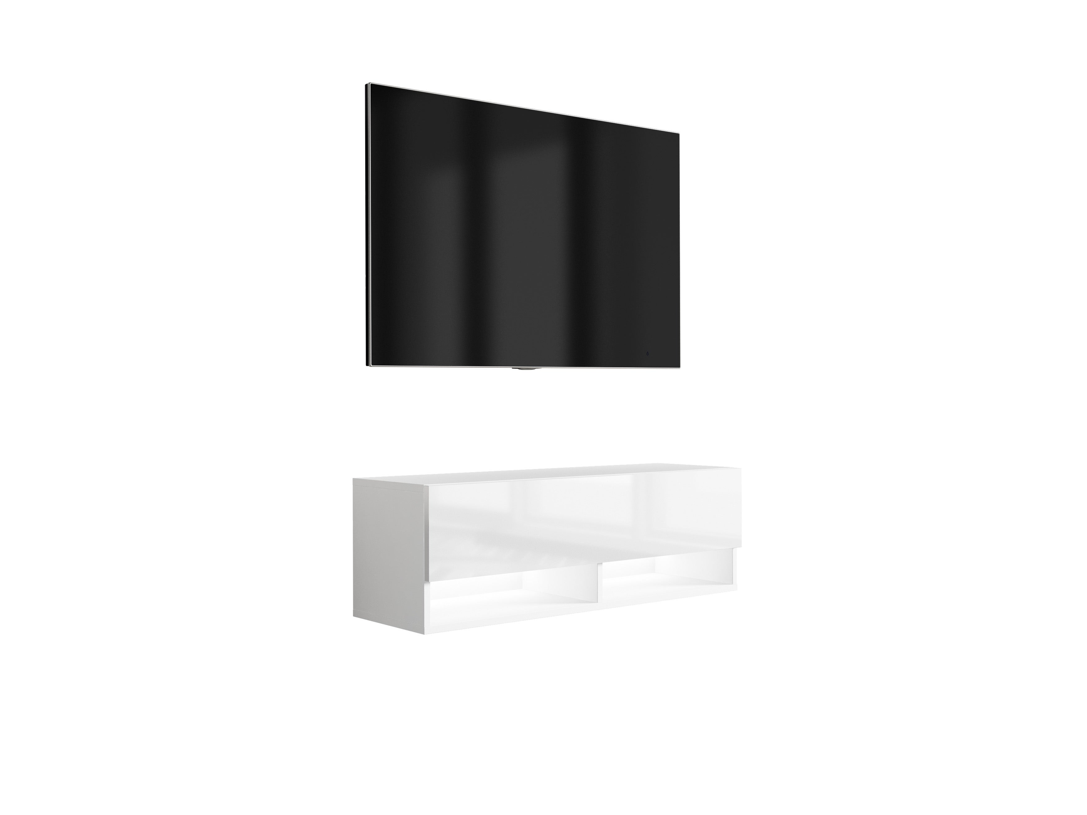 Szafka RTV : Biały Mat / Biały Połysk, LED biały, 100 × 32 × 34 cm