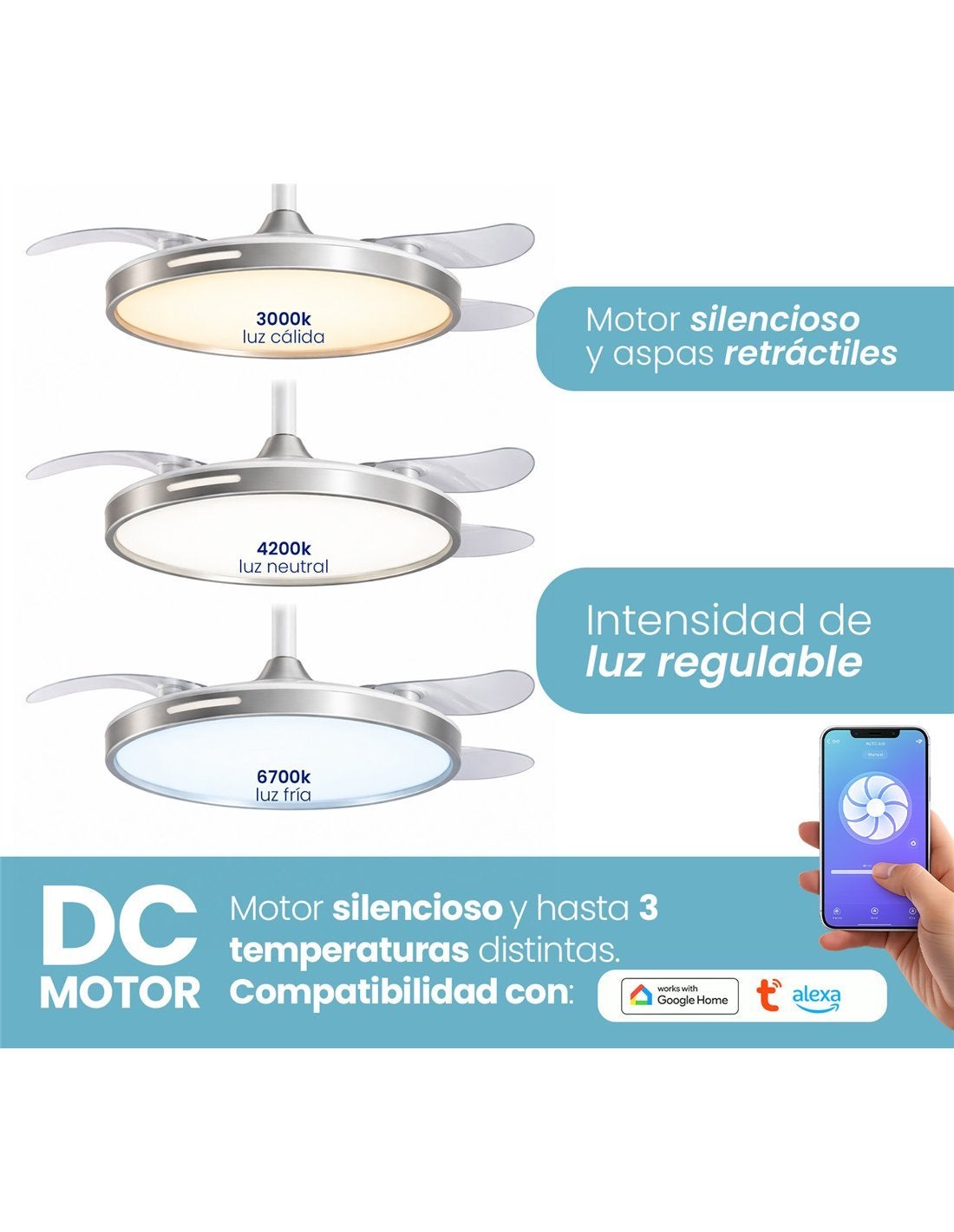 JARDIN202 - Ventilador de Techo con 4 Aspas Retráctiles, Motor DC, Wifi, Tuya App, Luz LED Regulable, 6 Velocidades | 50 cm (Conil Wifi Plata) - 4