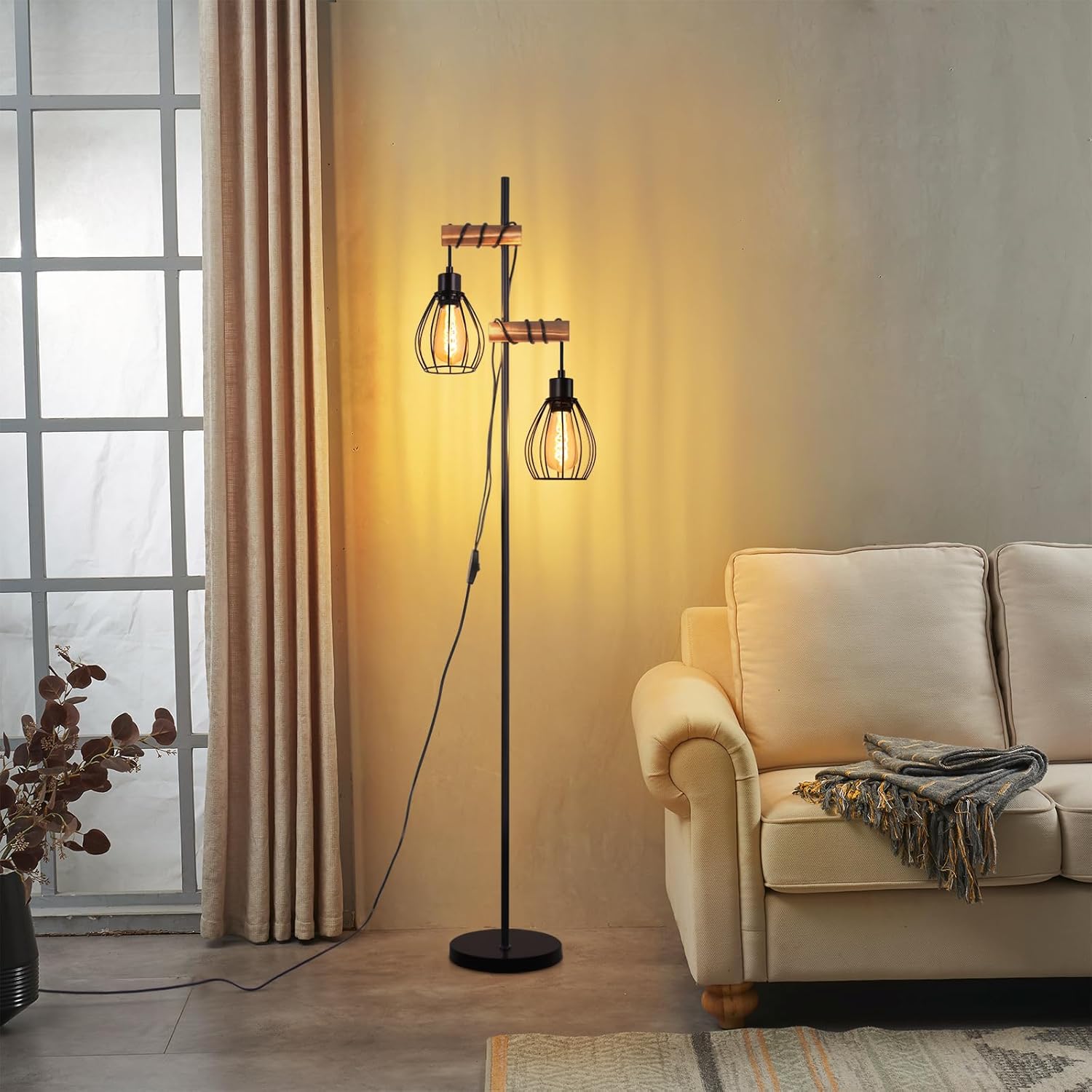 NETTLIFE lampadaire salon lampadaire noir : lampadaire bois métal industriel e27 lampadaire 2 lumières avec abat-jour cage 152cm (sans ampoule) - 8