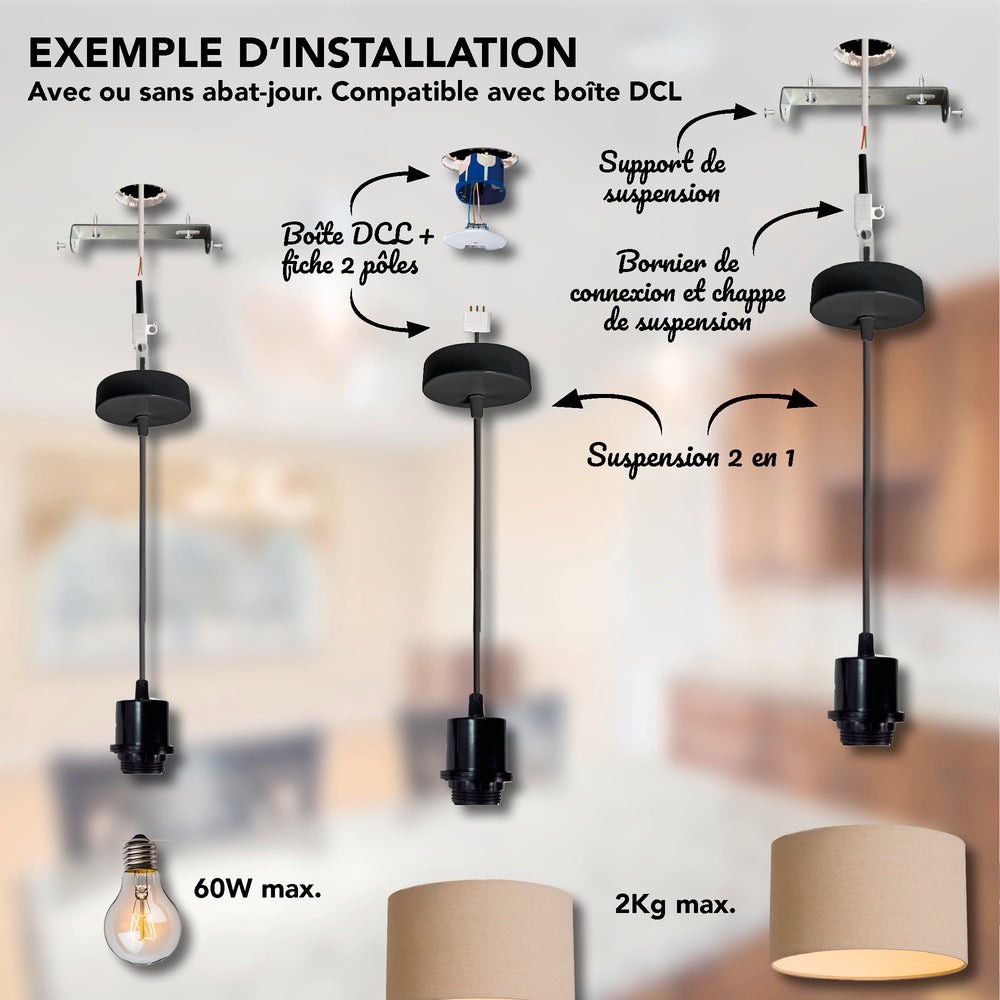 Monture suspension luminaire métal noire, câble tissu, équipée d'une douille E27 pour abat jour, 60W maxi - Tibelec - 5