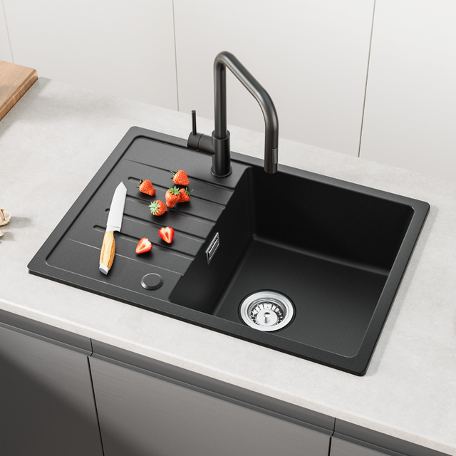 Evier de Cuisine 65 x 45 cm avec étagère Noir, Evier 1 bac en Quartz et résine Cecipa max Evier à encastrer