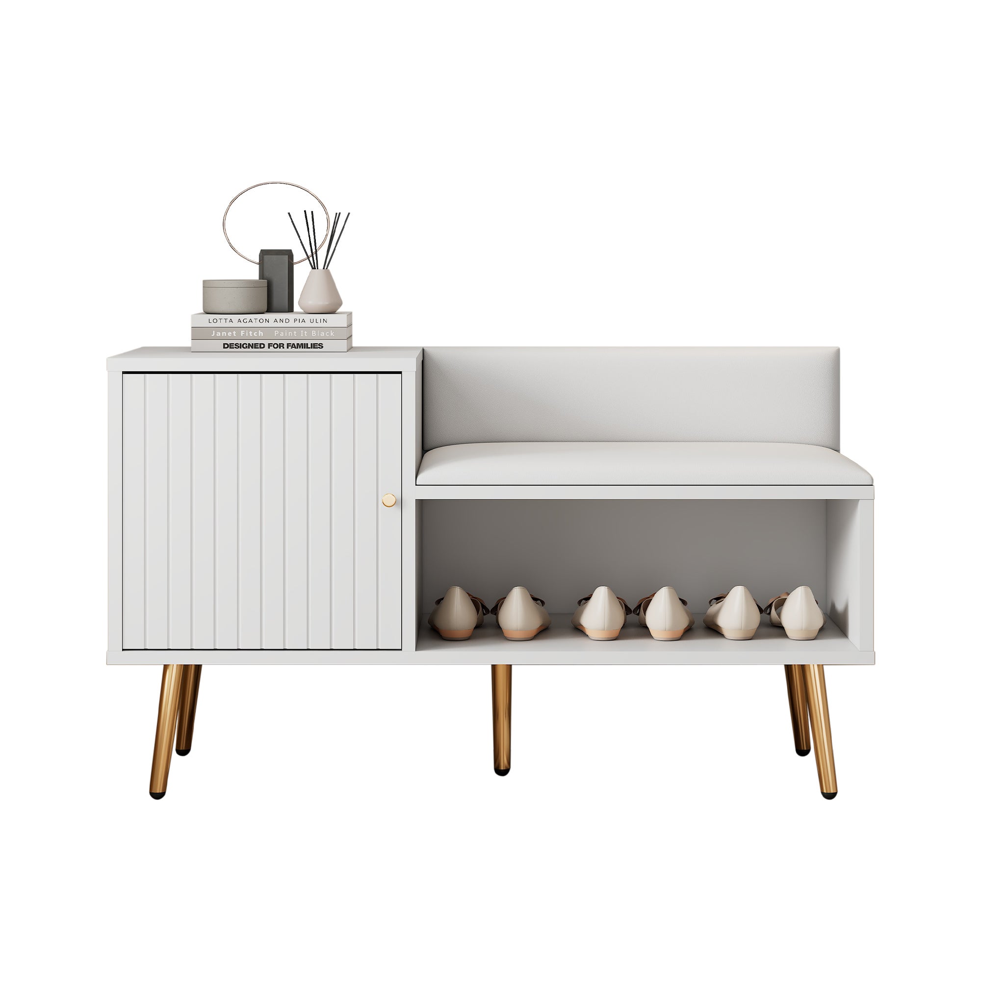 Banc coffre luxueux blanc avec rangement, siège rembourré, dossier, poignées métal, 100x40x58 cm - 2
