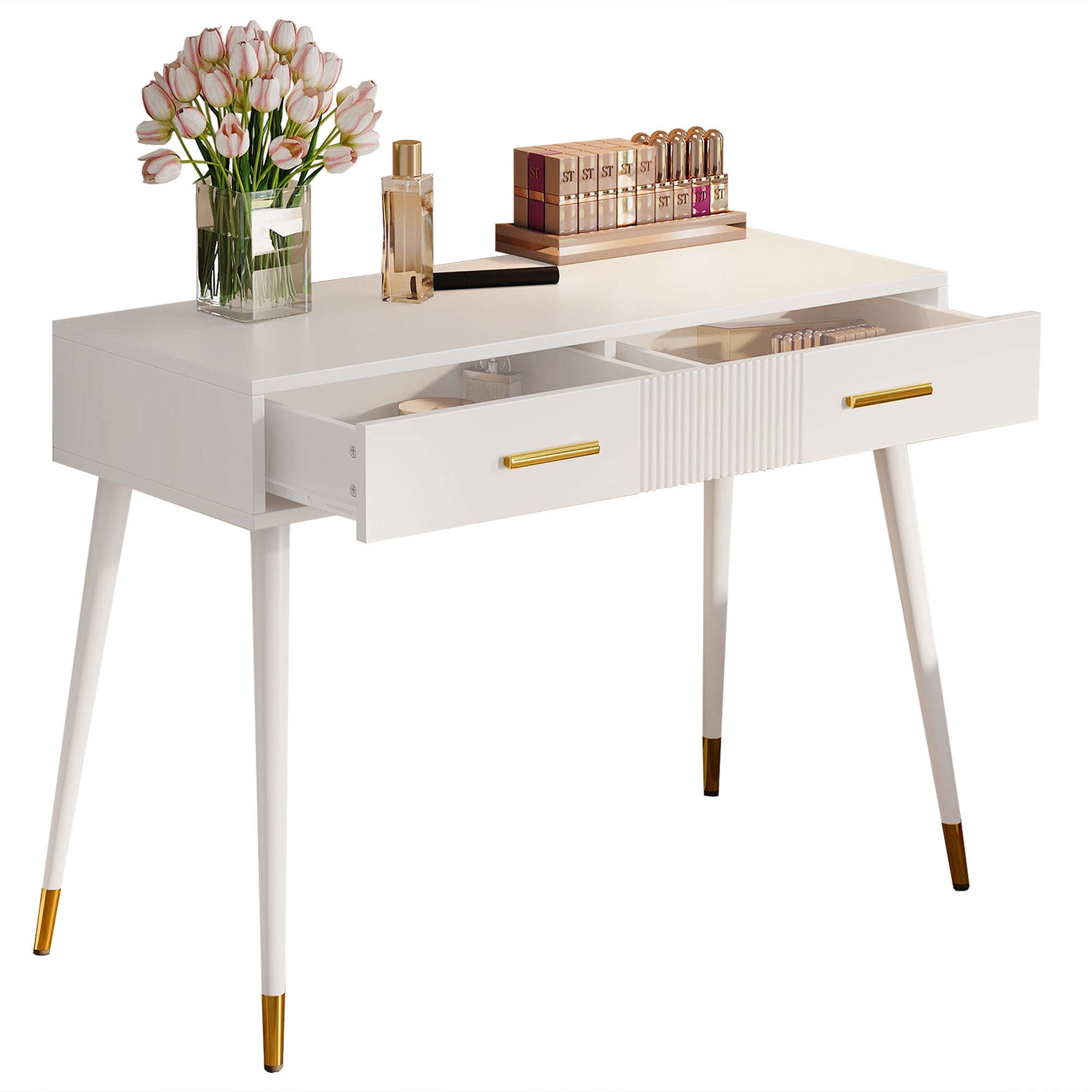 Table de Maquillage Blanc H. 76 x l. 40 x P. 100 cm, Coiffeuse Blanche avec 2 Tiroirs et Pieds Métal Dorés, Coiffeuse Moderne, pour chambre ou salon - 3