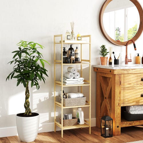 Estantería De Bambú 5 Niveles - 43x35x165 Cm, Color Natural, Para Salón, Baño, Cocina