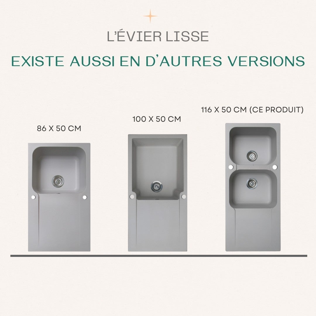 Lisse évier réversible 2 cuves 1 égouttoir en résine gris - 6