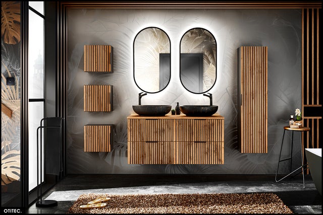 Ensemble de meubles sous vasque - 120 cm - avec Vasques à poser - Cubes et Colonne - Miroirs LED - WOTANIA