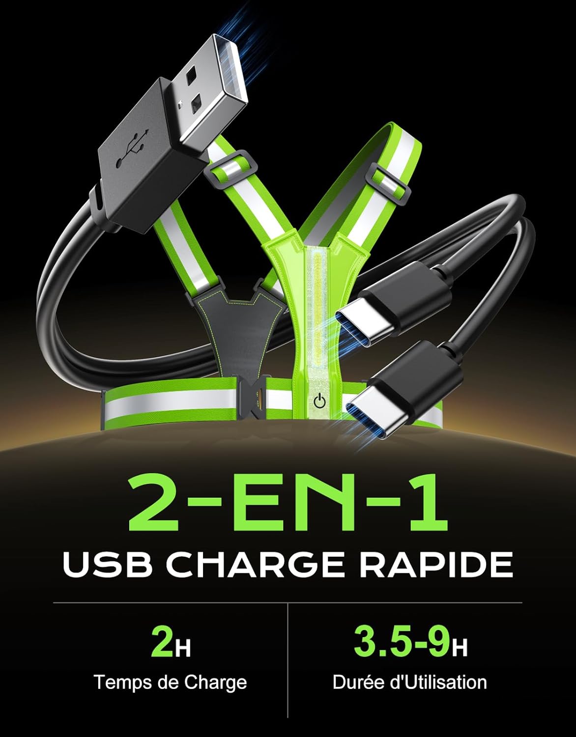 Gilet Réfléchissant Running Éclairage Intégré - Alternative Lampe Frontale - Sécurité Ajustable Course Nocturne Cyclisme - 4