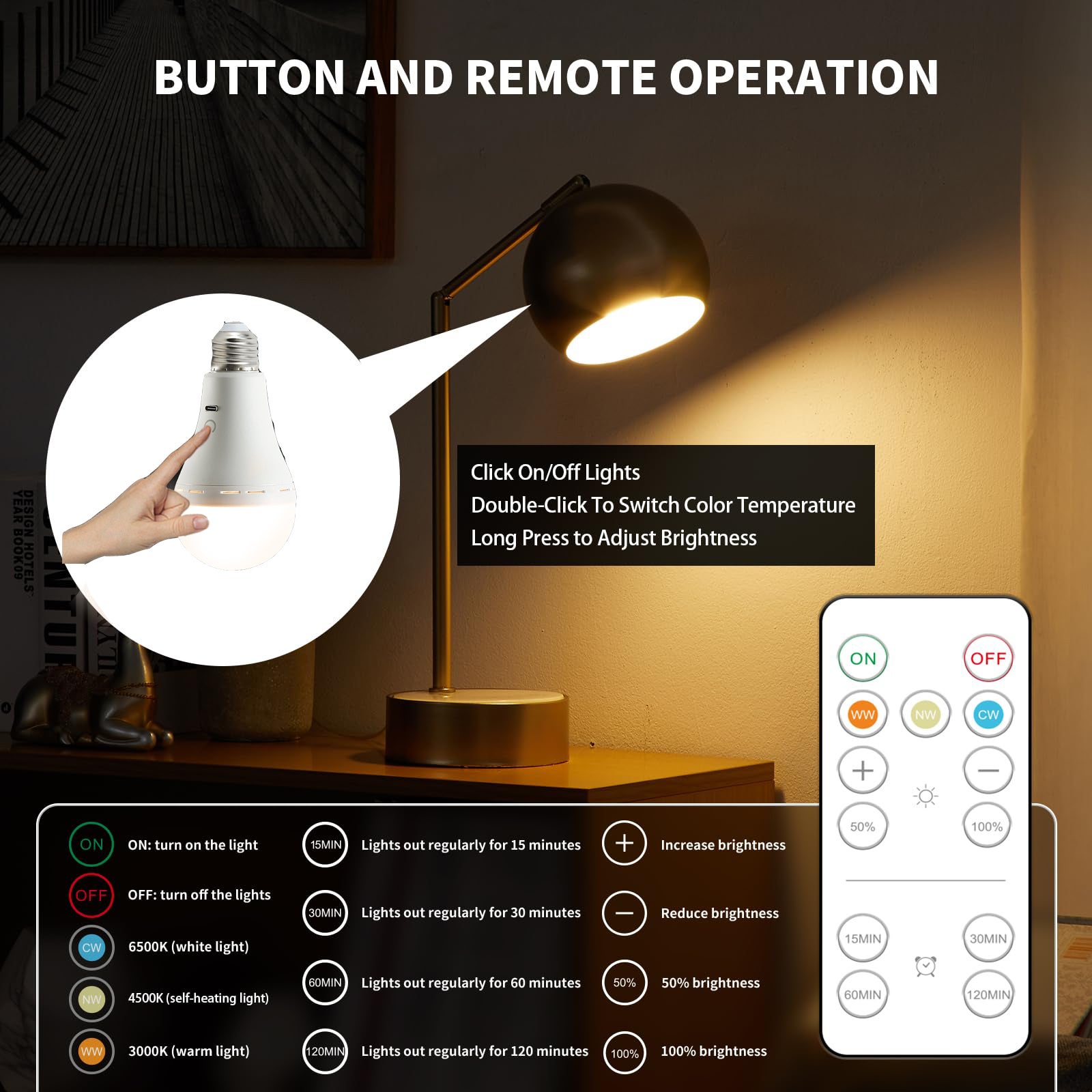 Lampadina ricaricabile E27 - Lampadina dimmerabile da 5 W con telecomando e gancio, temperatura di colore regolabile 3000-6000 K, 2000 mAh - 4