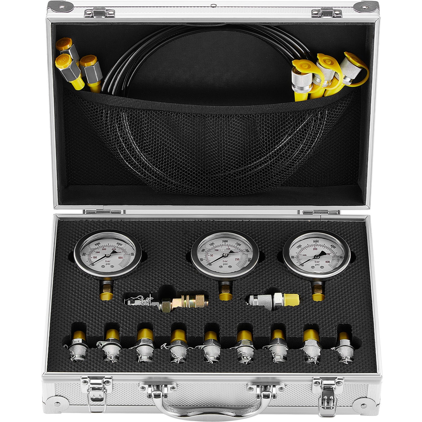Kit Test Pression Hydraulique VEVOR - 3 Manomètres (250/400/600 Bars) + 9 Raccords + Tuyaux - Pour Engins
