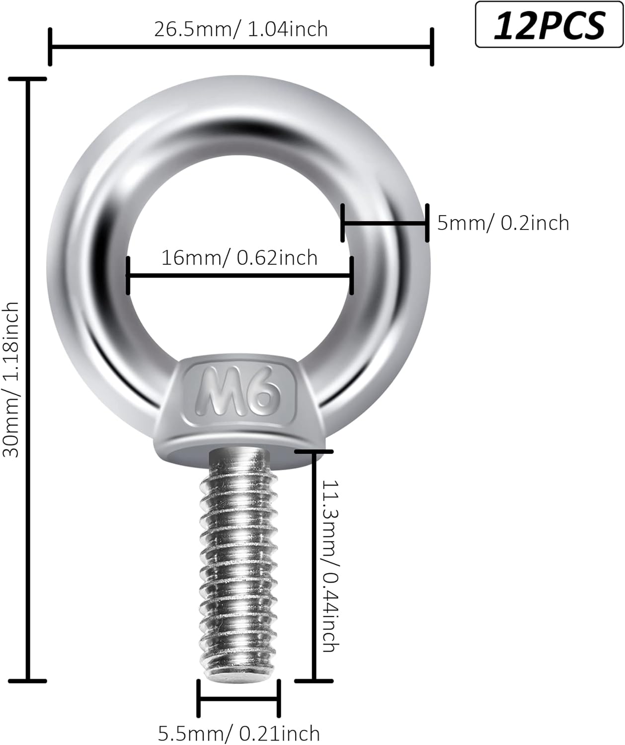 16 Viti Ad Anello M6 In Acciaio Inox 304 – Bulloni A Occhiello Filettati Per Fissaggi, Sollevamento E Ancoraggi – Uso Interno/Esterno