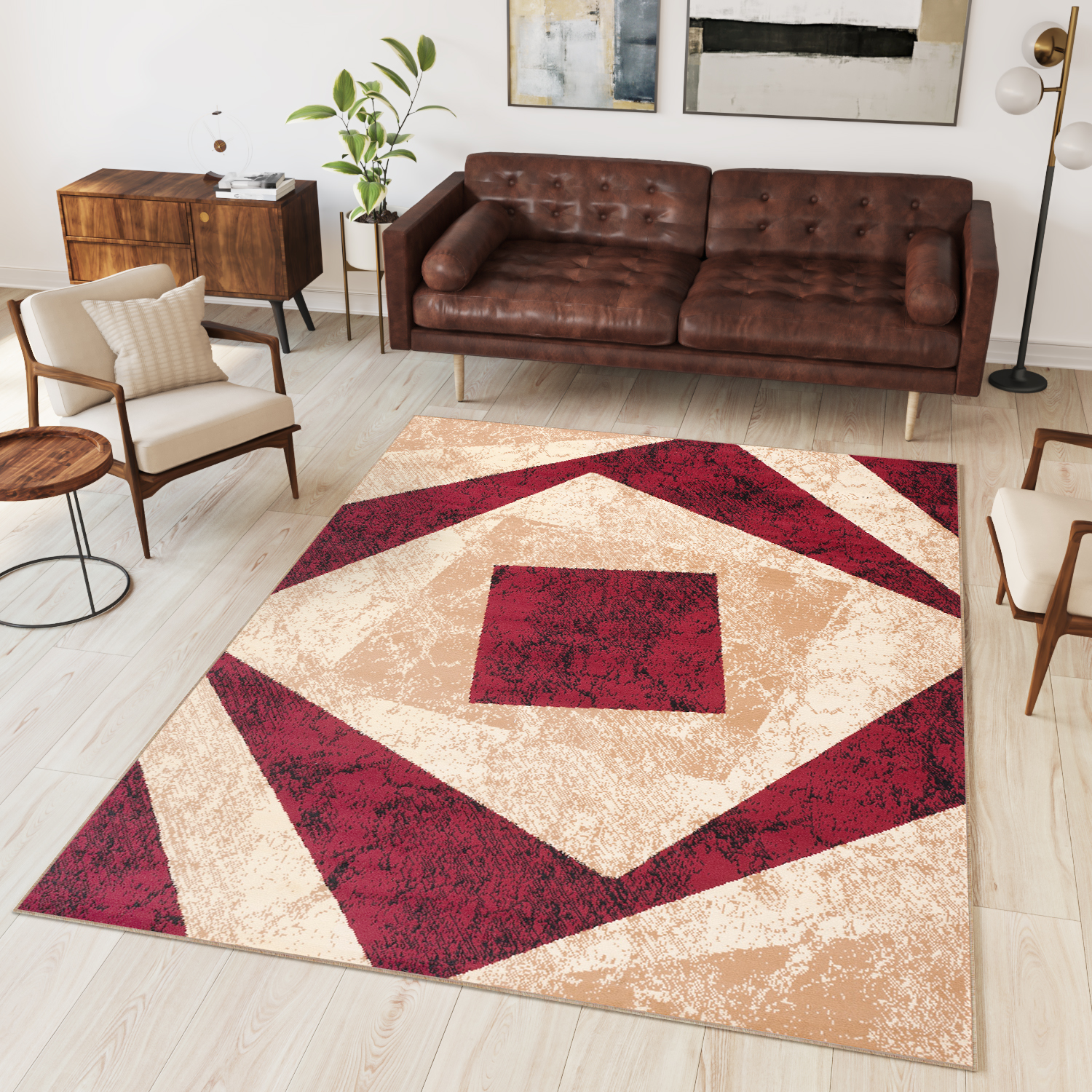 Tapiso dream alfombra salón dormitorio beige crema rojo geométrico azulejos fina 160 x 230 cm
