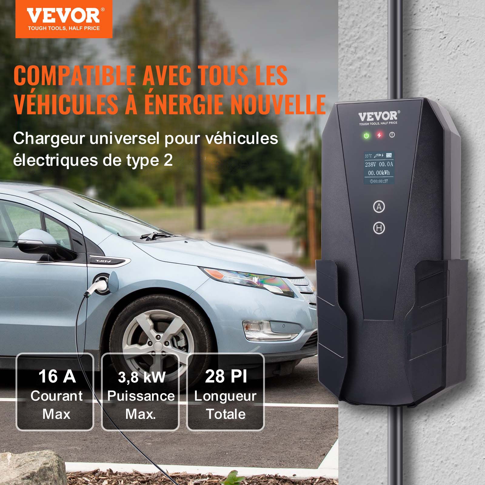 Chargeur Voiture Électrique Portable Type 2 VEVOR, 16A 3,7 kW, Câble 8,6 m, Prise CEE 7/7, IP66, Écran LCD, IEC 62196, Sac & Crochet - 2