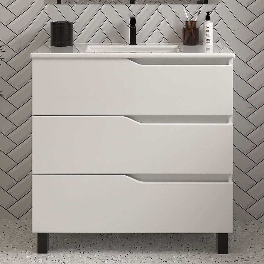 Meuble de salle de bain 60cm simple vasque - 3 tiroirs - blanc - MATA - 2