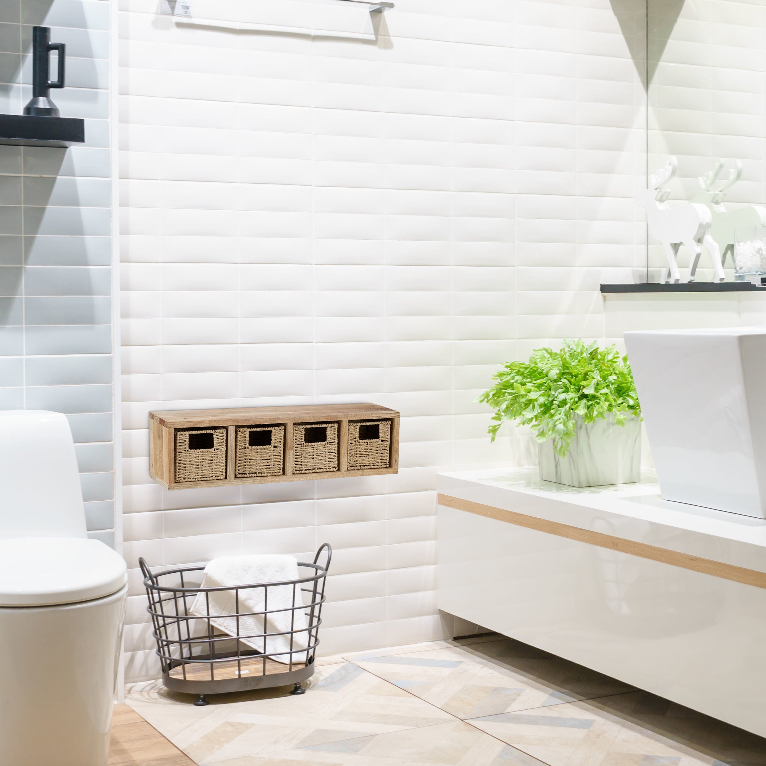 2x Etageres cube rangement, 8 paniers amovibles, corbeille bois noyer couloir chambre cuisine montage mural, nature - 2