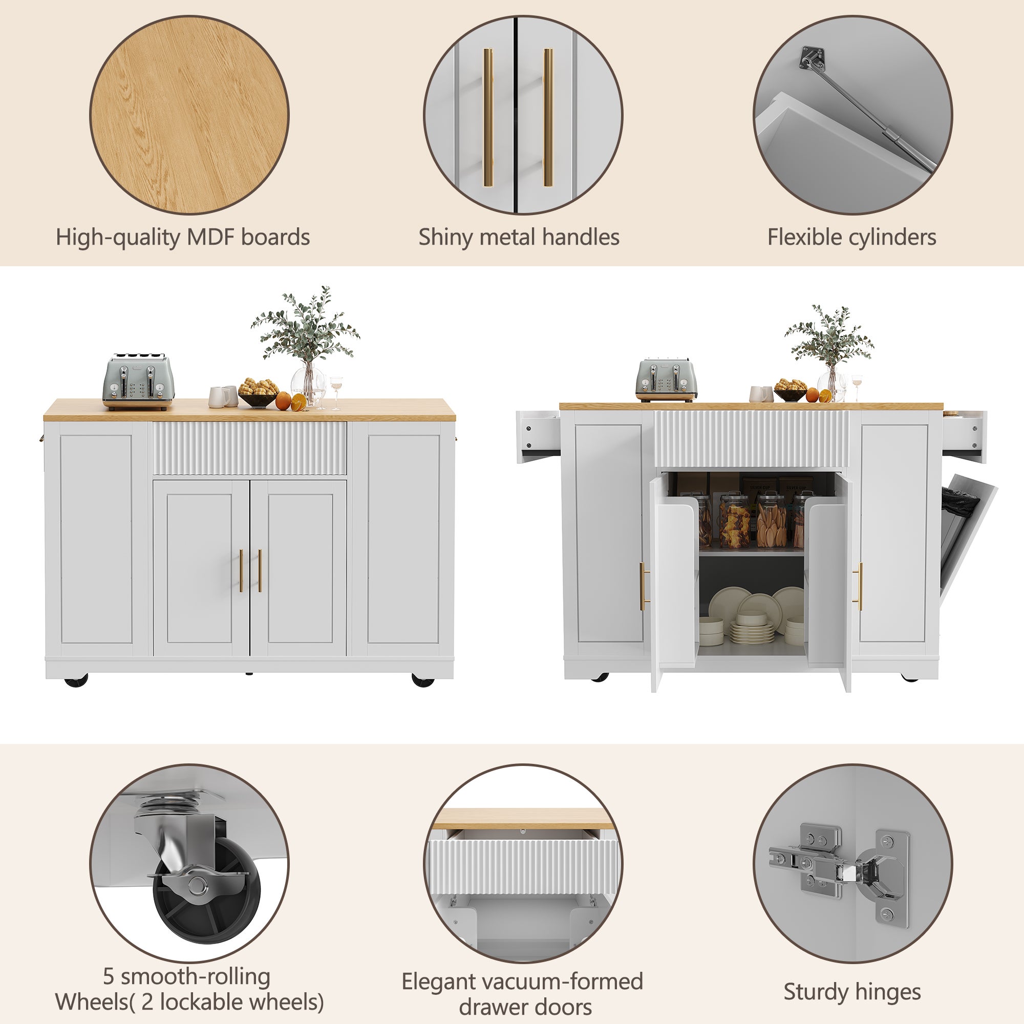 Ilot central de cuisine mobile - 3 portes et 2 tiroirs - étagères ouvertes - avec compartiment poubelle - MDF - Blanc - 7