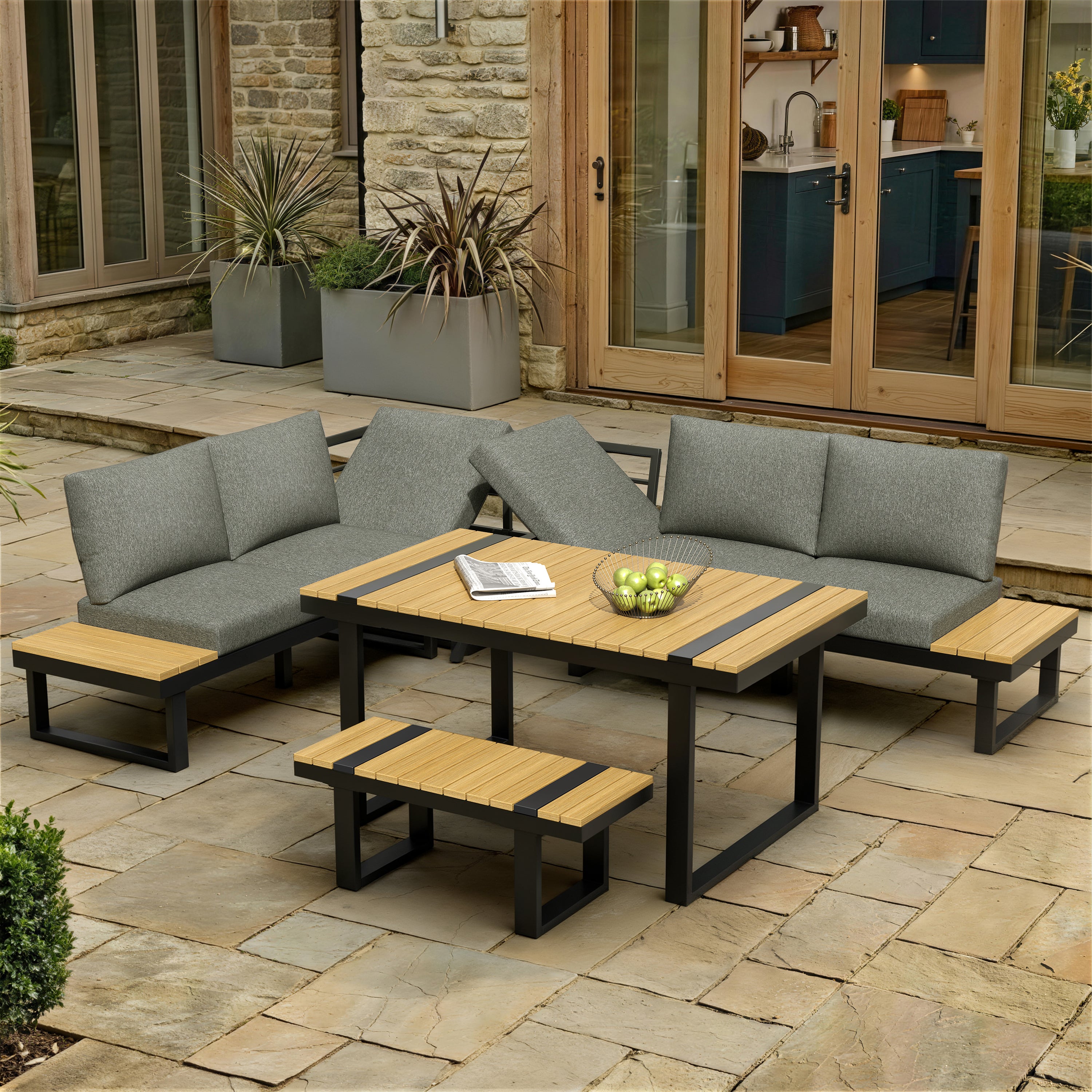 Salon de jardin d'angle 6 places en acier galvanisé : canapé d'angle + banc 2 places + table à manger + coussins polyester - Noir et Gris - 4