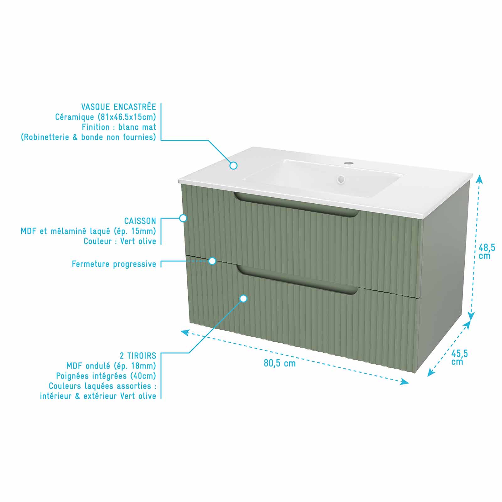 Meuble et colonne de Salle de Bains LEON 80cm Vert Olive - Façades Ondulées - Vasque Blanche Mate - 4