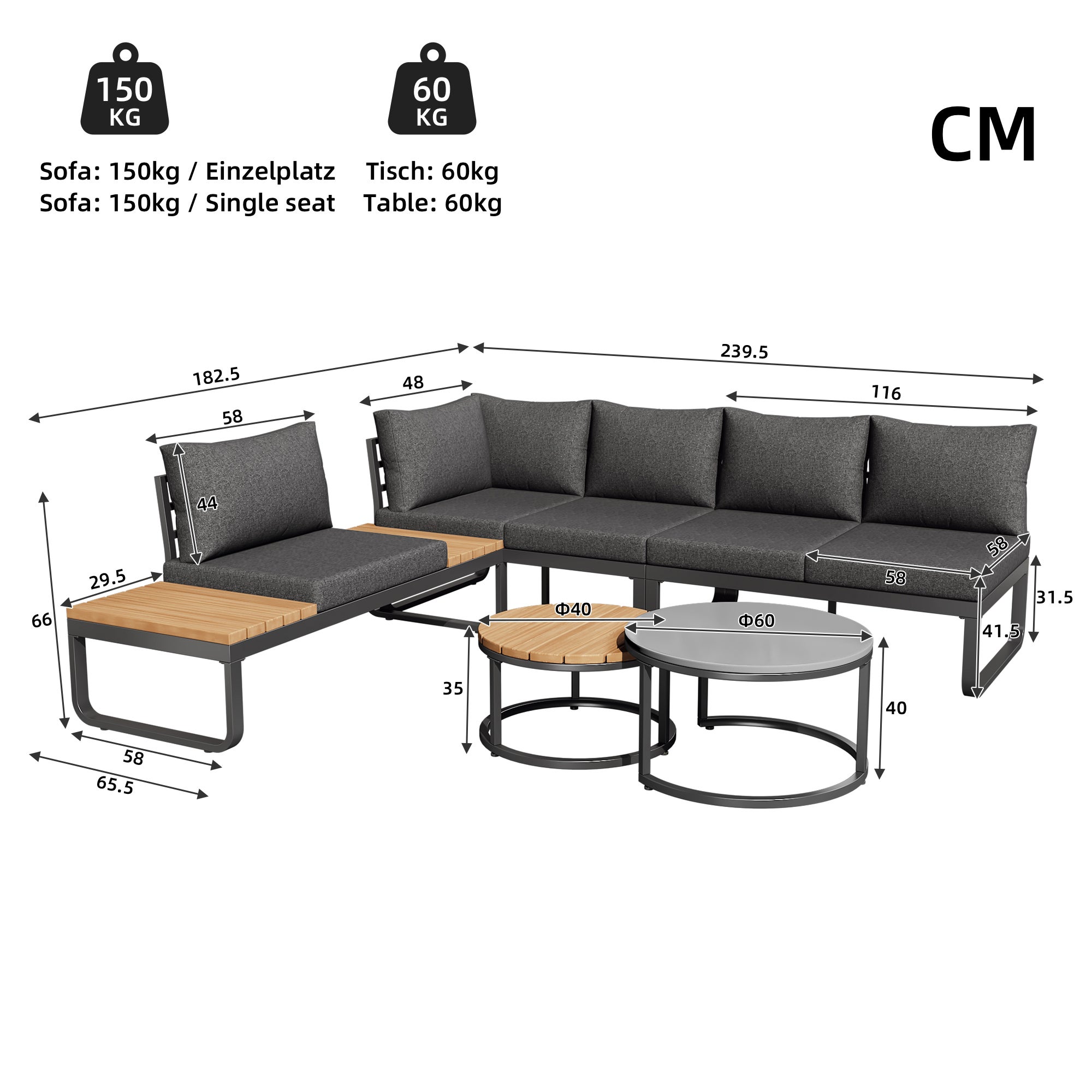 Salon de jardin modulable en fer galvanisé : 2 canapé 2 places + 1 canapé 1 place + 1 tabouret + tables basses gigognes - Gris - 7