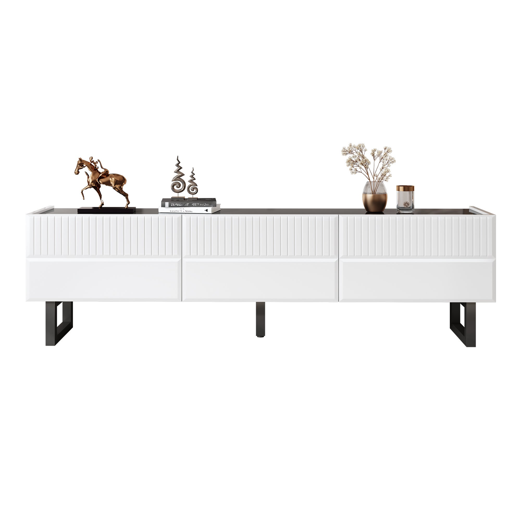 Meble pod TV 170x35x47cm - z 3 szufladami - Błyszczący lakierowany blat - Żelazne nogi - MDF - Biały i czarny - 6
