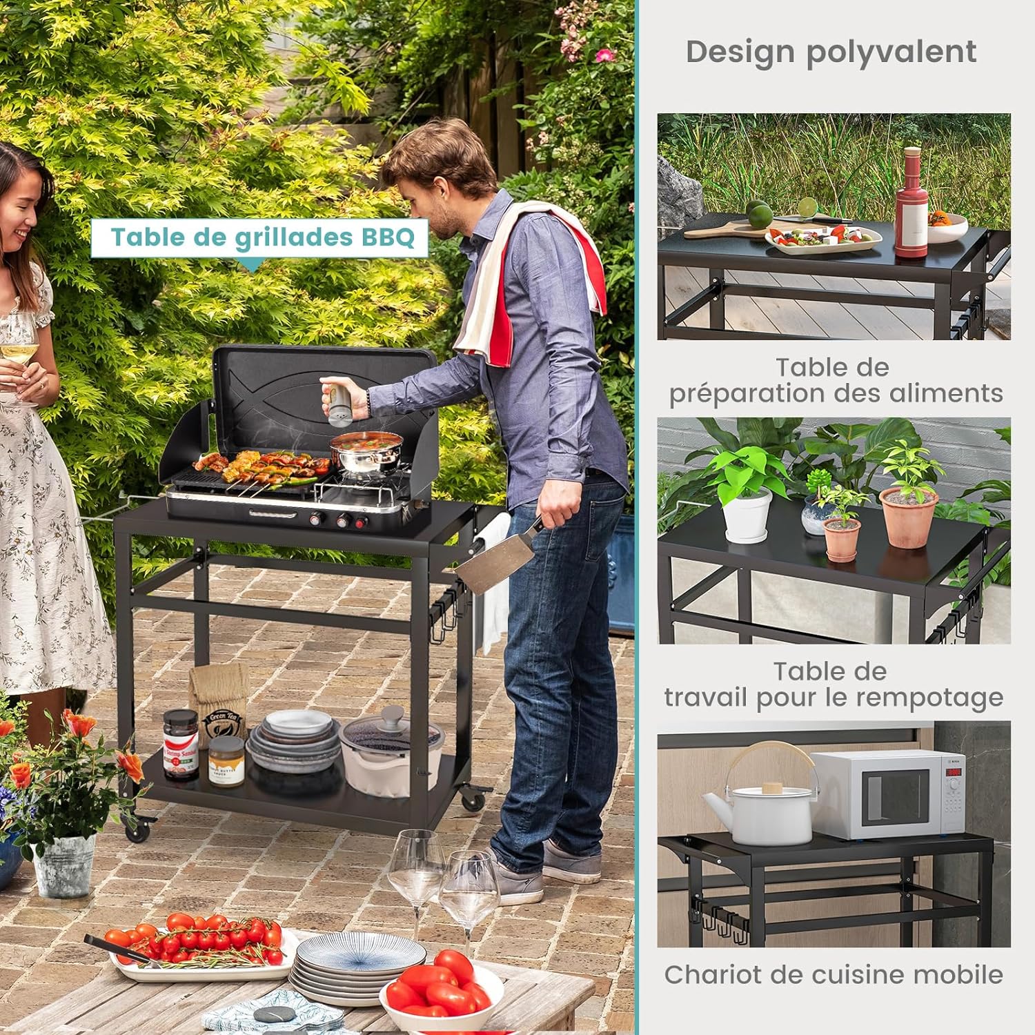 Carrello Barbecue da Esterno in Metallo, Carrello da Cucina Esterno con 2 Ripiano, 4 Ruote Bloccabili, Ganci, Maniglia Laterale, per Girdino, - 5