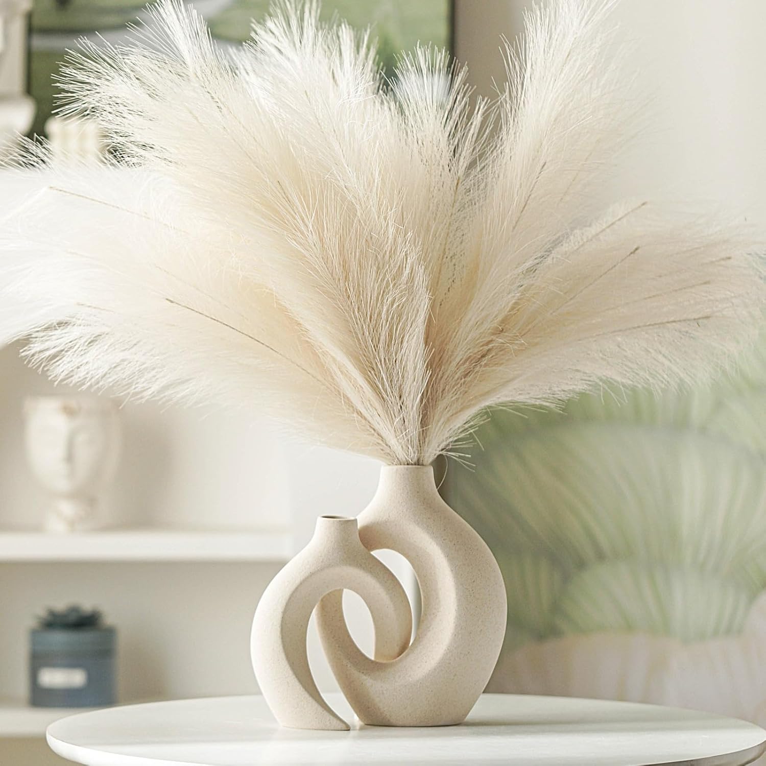 Ensemble de 2 vases en céramique, style bohème moderne nordique, vases décoratifs esthétiques en céramique pour la décoration intérieure (blanc) - 4