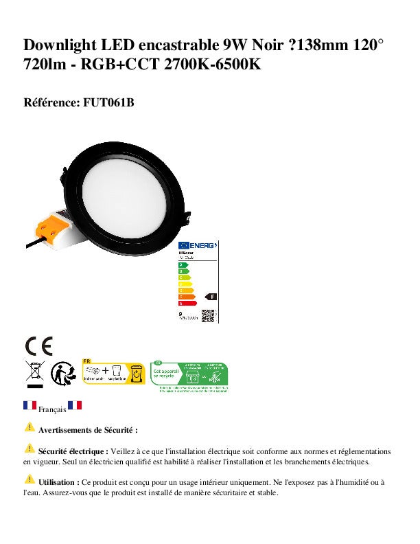 Downlight 9W integrato LED nero 120° 720lm - RGB+CCT 2700K-6500K - 3
