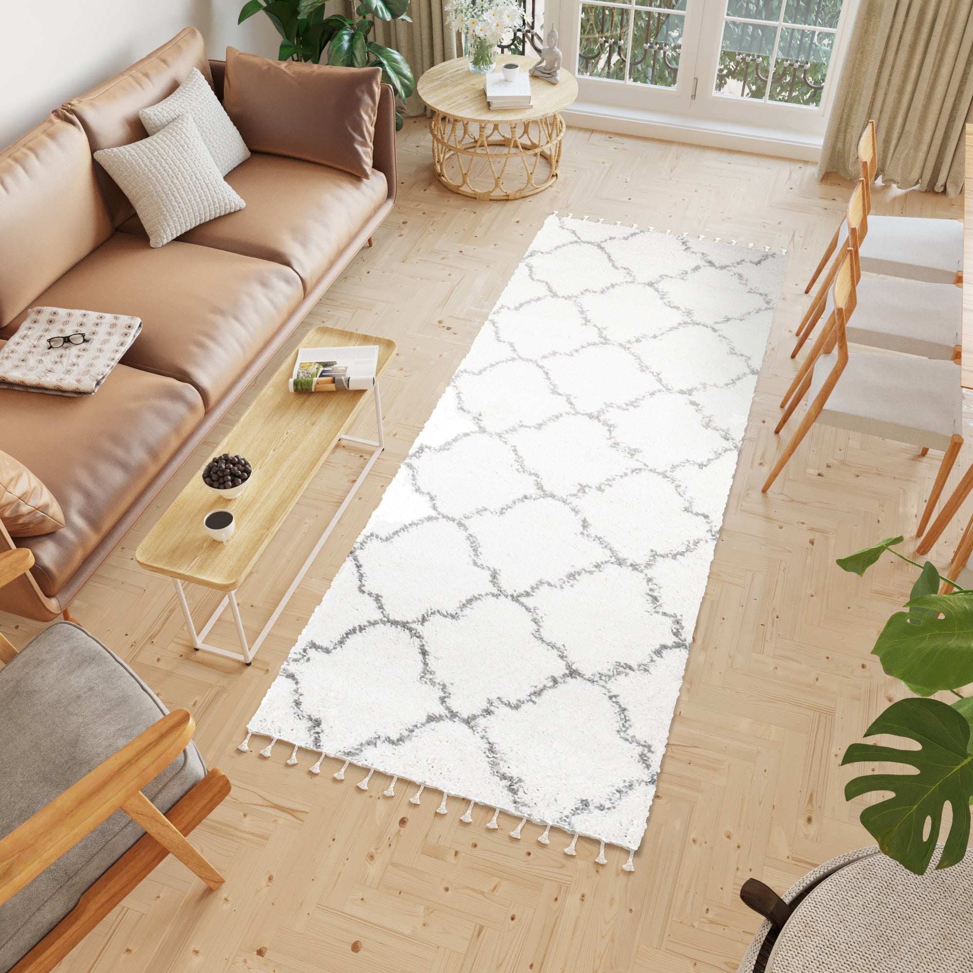 Tapiso boho alfombra de pasillo dormitorio crema gris trébol marroquí flecos suave shaggy 100 x 250 cm