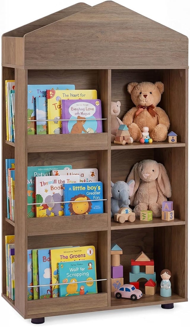Bibliothèque Enfant avec Compartiments et Étagères Ouvertes, Étagère à Livres en Forme Maison avec Baffles Anti-Chute, Kit Anti-basculement (Naturel)
