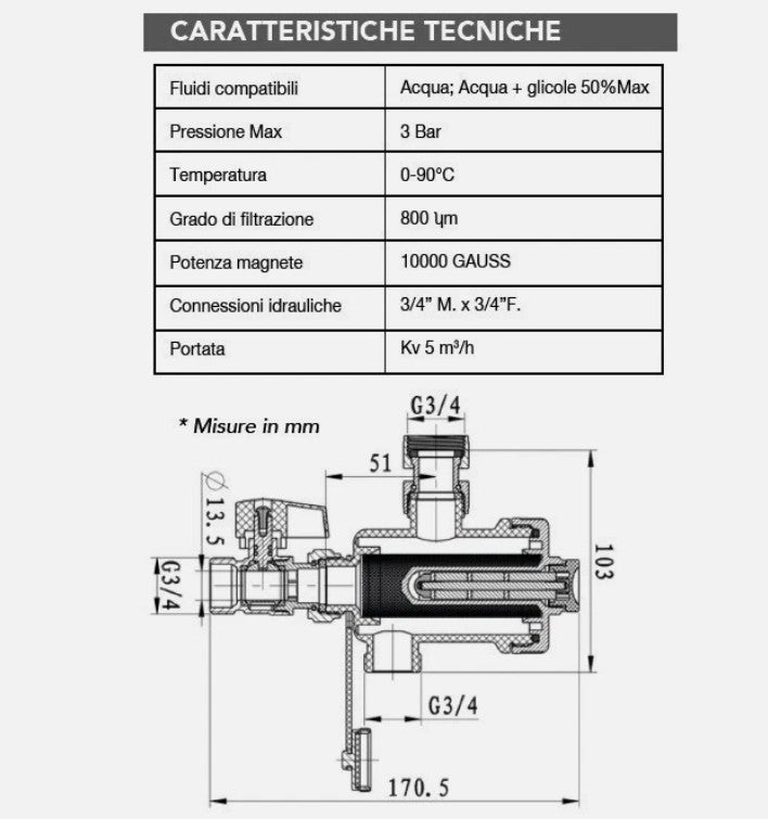 Defangatore magnetico sotto caldaia in ABS connessione Ø3/4