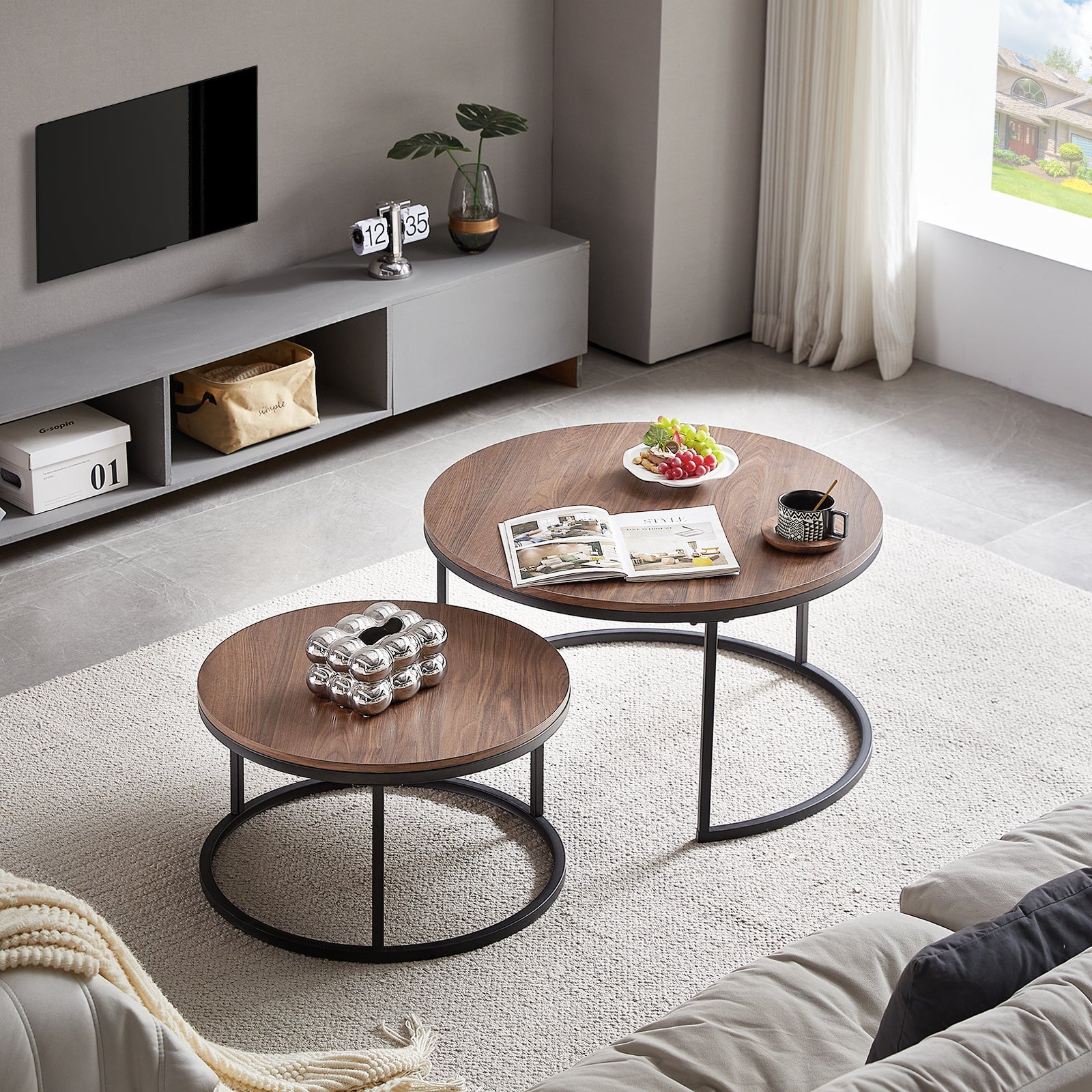 Lot 2 Tables Gigognes Triangulaires Scandinaves GOLDFAN - Bois Marron, Design Nordique, Tables D'Appoint Salon
