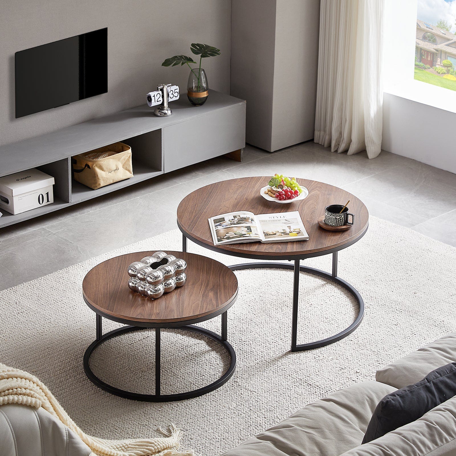 Lot 2 Tables Gigognes Triangulaires Scandinaves GOLDFAN - Bois Marron, Design Nordique, Tables D'Appoint Salon