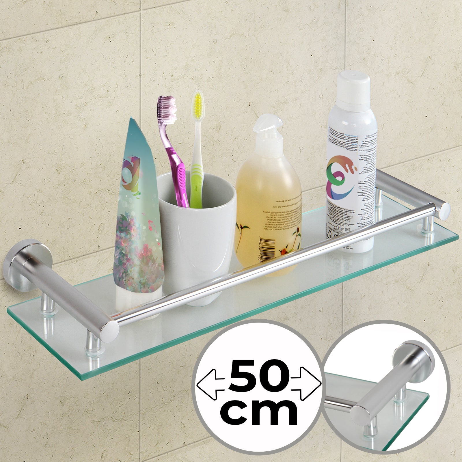 Étagère Murale Verre Trempé 25cm - Support Acier Inoxydable - Pour Salle De Bain, Cuisine Ou Chambre