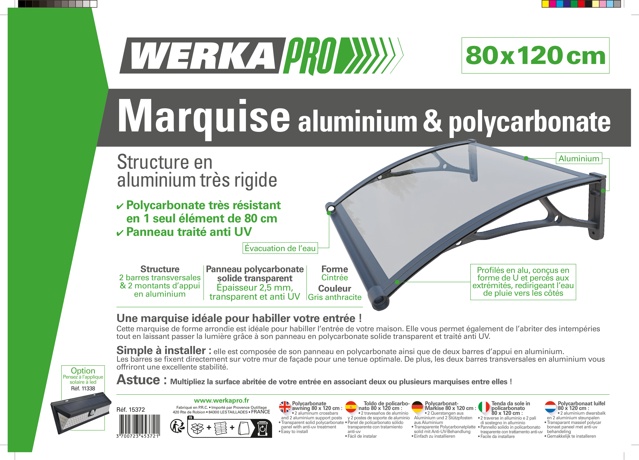 Marquise aluminium et polycarbonate WERKA PRO 80 x 120 cm - 6