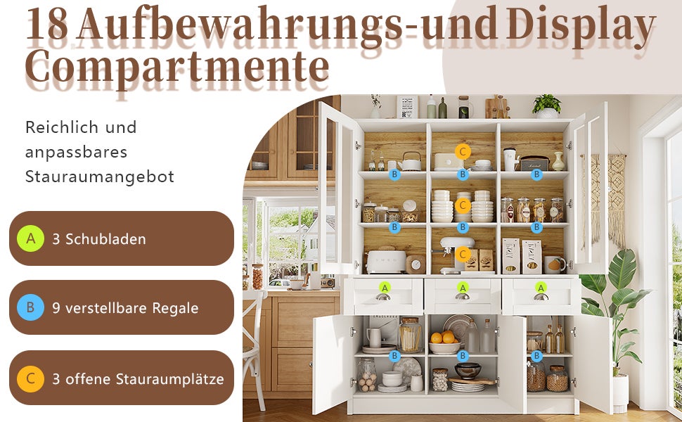 Credenza da cucina con 5 ante, 3 cassetti e ripiani portaoggetti, vetrina - 140 x 38,5 x 175 cm - MDF - Bianco + naturale - 9