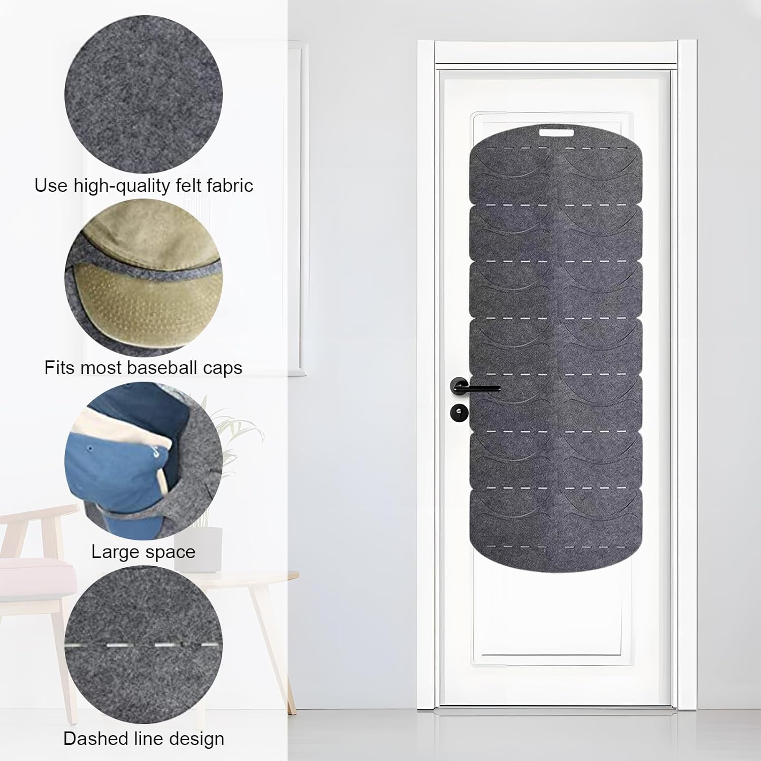 Porte-casquettes - Range-casquettes pour porte - Système de rangement pour casquettes - Porte-casquettes - Porte-chapeaux - 130 x 46 cm - 3