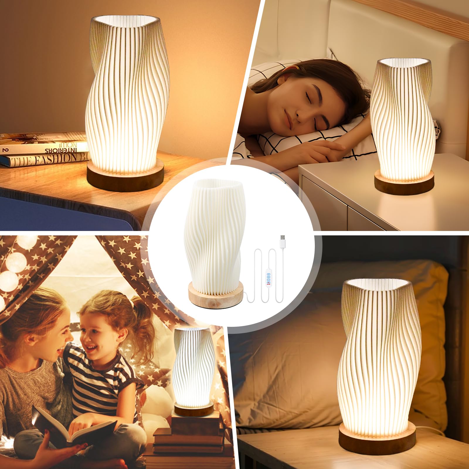 Dimmable Lampe de Table Créative Moderne, Lampe de Chevet avec abat-jour en PLA, Base en Bois, Chaude Ambiance Romantique Lumière Chaude Veilleuse - 8