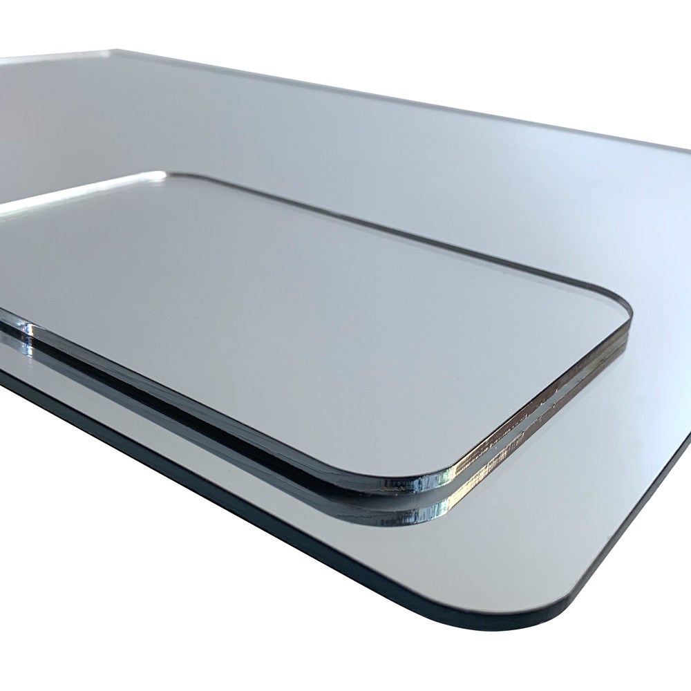 Plaque acrylique PMMA effet miroir argent 3 mm - 90 x 70 cm (900 x 700 mm) - Bords arrondis - 2