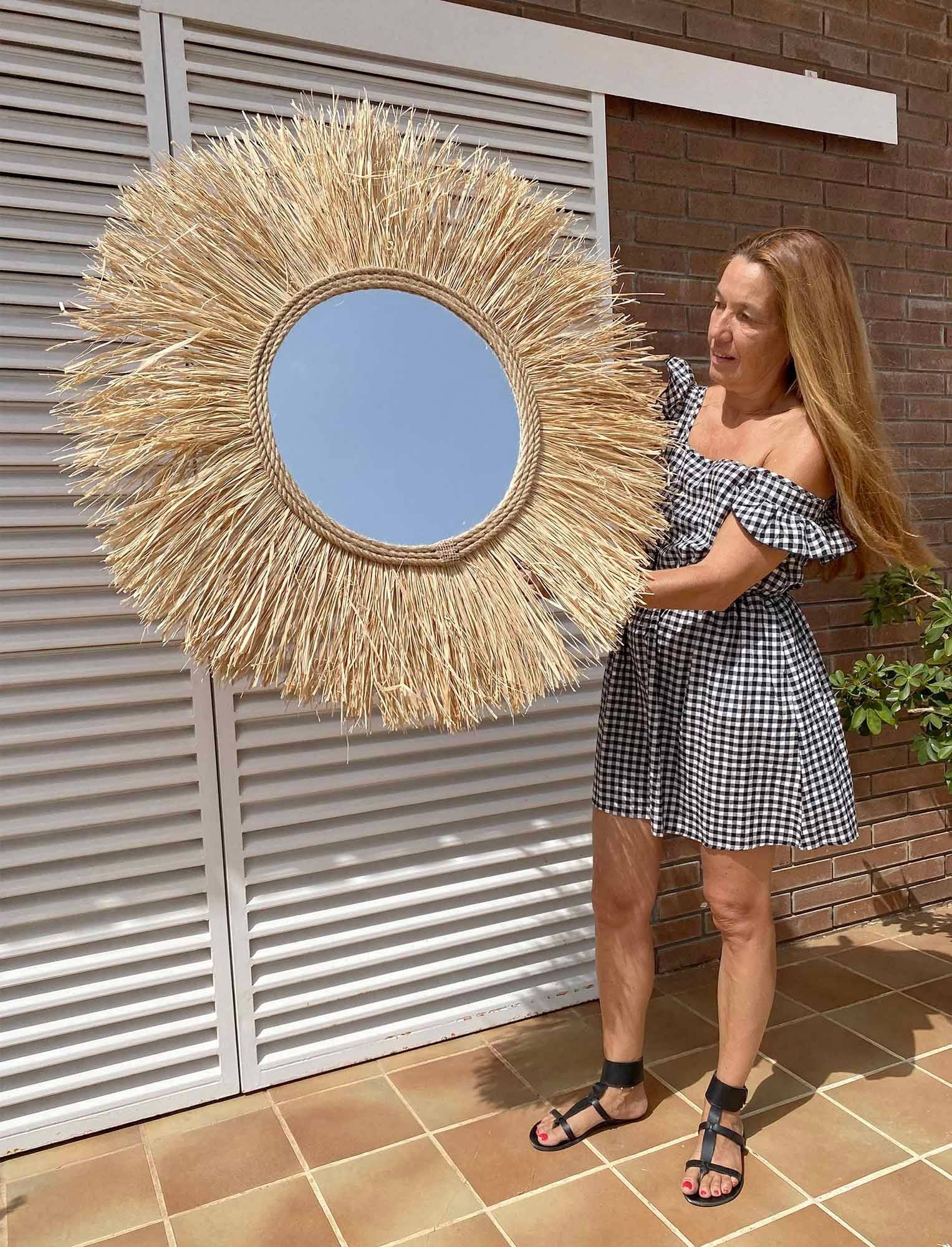 Ozdobne lustro ścienne z rafii i naturalnych włókien – RAFFIA CORD Ø całkowita 70 cm - 3