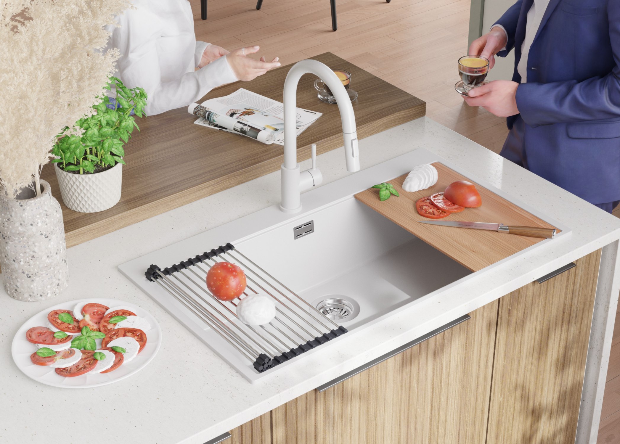 Lavello da Cucina Bianco 88x50cm, Lavandino in Granito a 1 vasca + Sifone Classico + Accessori, Lavabo da Cucina Incasso al mobile 90cm PRIMAGRAN - 4