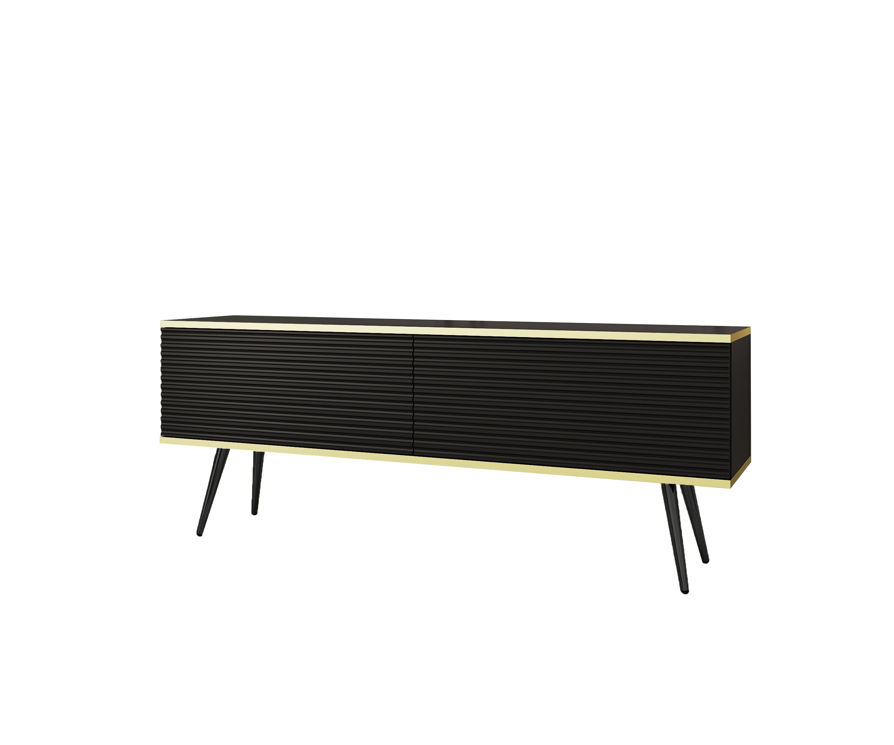 Stolik pod TV z czarnymi listwami, czarne nogi, 135 x 30 x 52 cm, otwierany na naciśnięcie