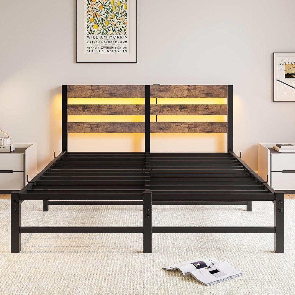 Łóżko dla dorosłych z oświetleniem LED i stacją ładującą USB, metalowa konstrukcja, materac nie wchodzi w skład zestawu, brązowe - 140 x 190 cm - 7