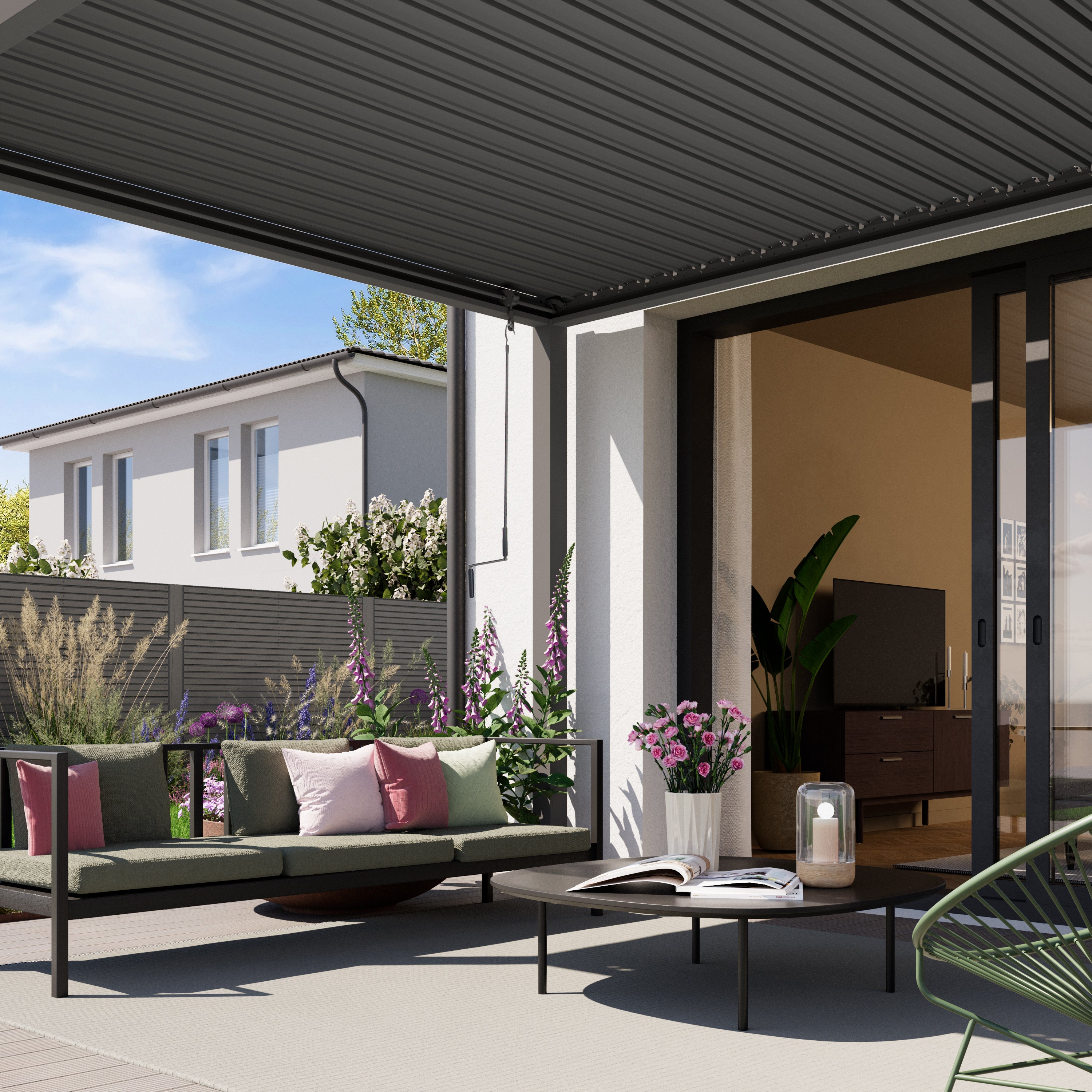 PRIMEYARD Pergola 3x3 m montanti in alluminio con tetto a doghe in acciaio gazebo da giardino grigio - 7