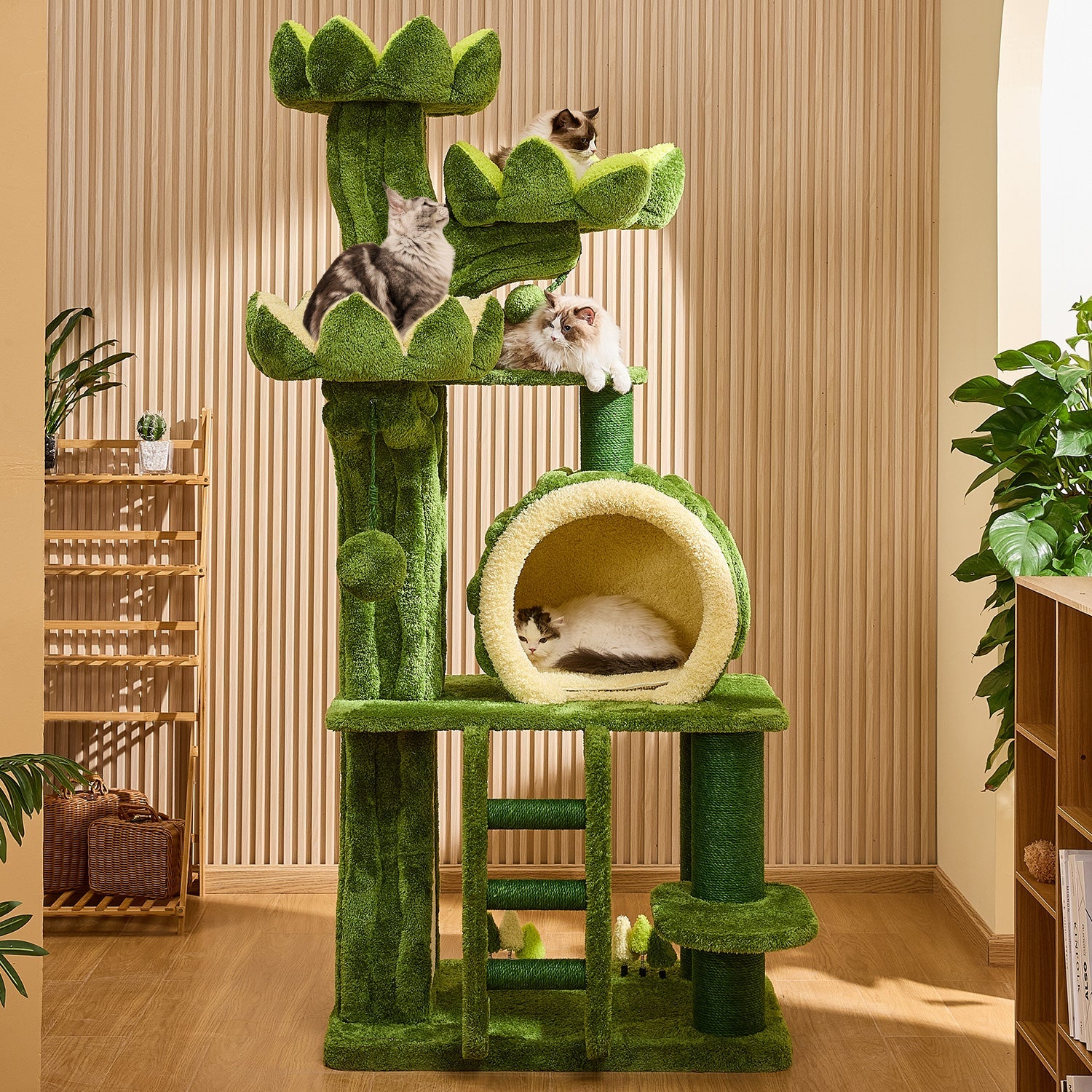 Arbre à chat Lotus de luxe de 204 cm avec 2 mangeoires dissimulées, échelle, niche double face et 2 griffoirs en sisal. - 2