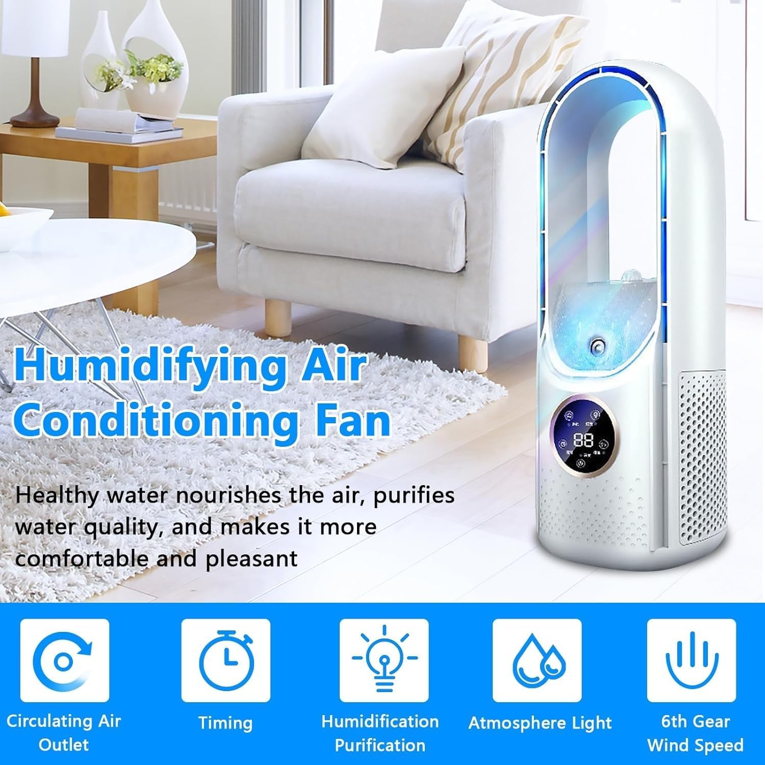 Climatiseur de chambre à coucher, climatiseur de camping, refroidissement/humidification de l'air, trois modes, 6 vitesses de vent, blanc - 2