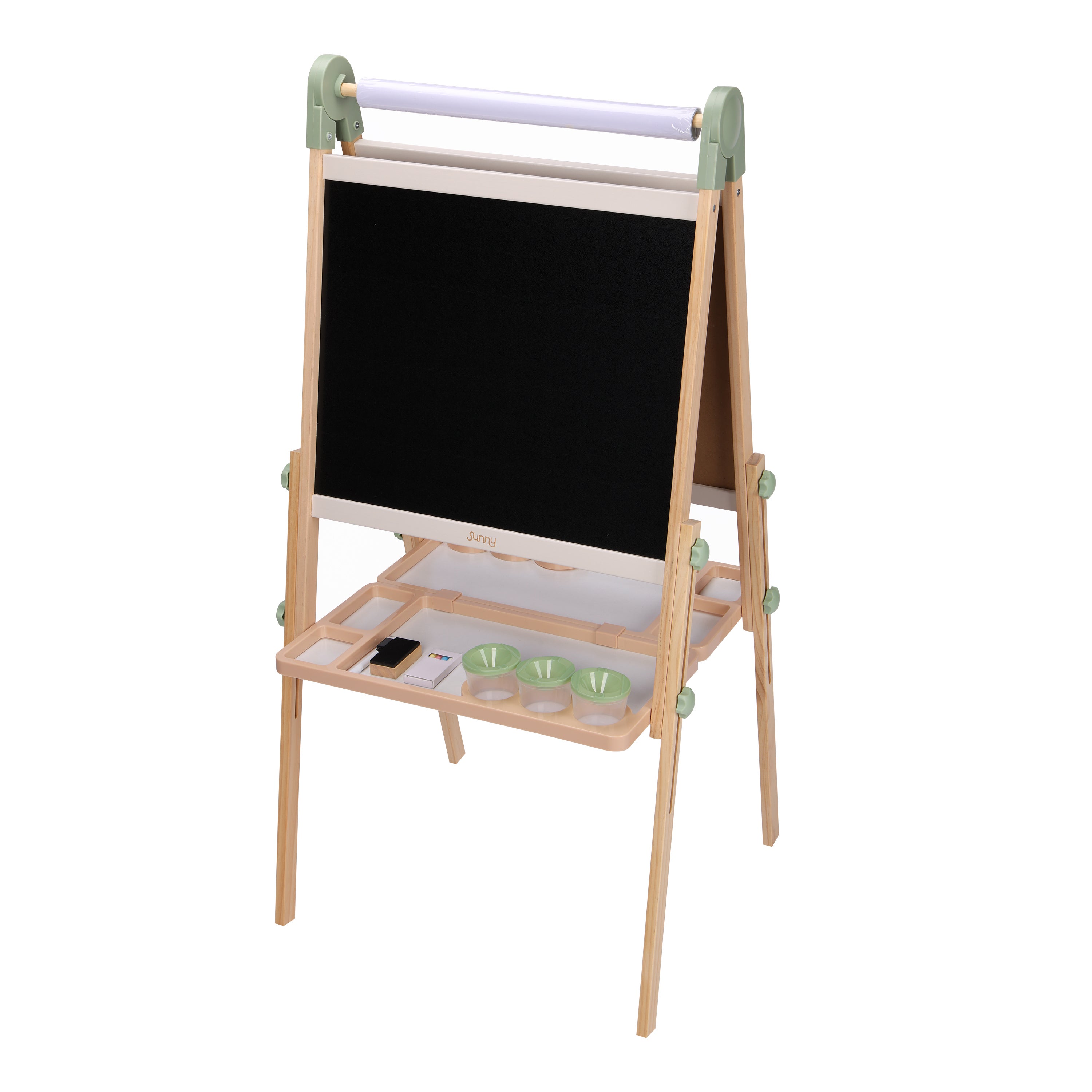 Sunny Luna Chevalet pour enfants en bois, beige | Double face : tableau blanc/noir | Tableau magnétique, rouleau de papier, gobelet, aimants, craies, - 2