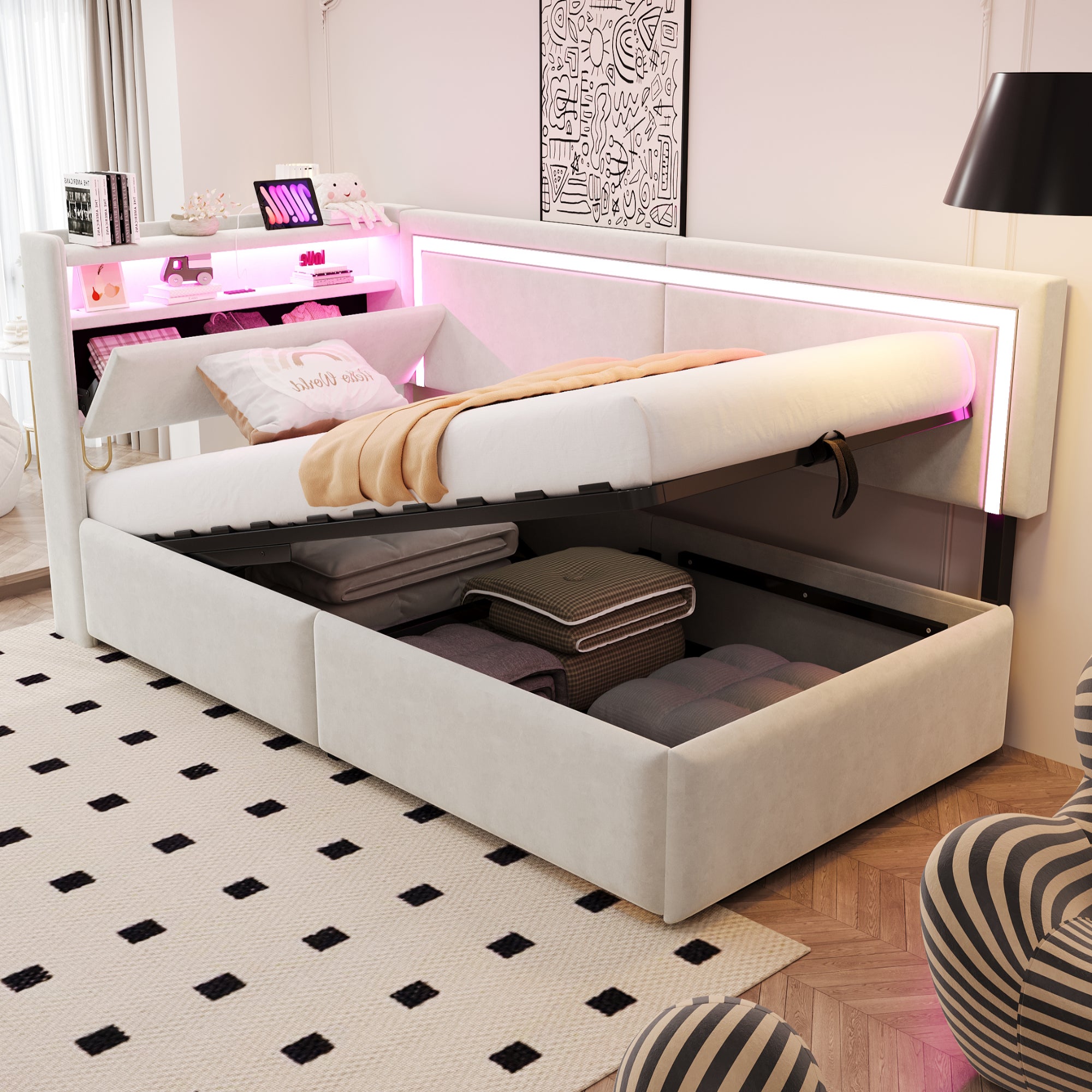 Łóżko 90 x 200 cm z pojemnikiem na pościel, zagłówkiem i schowkiem - Tkanina aksamitna - Diody LED i porty USB - Beżowe (materac nie jest dołączony)