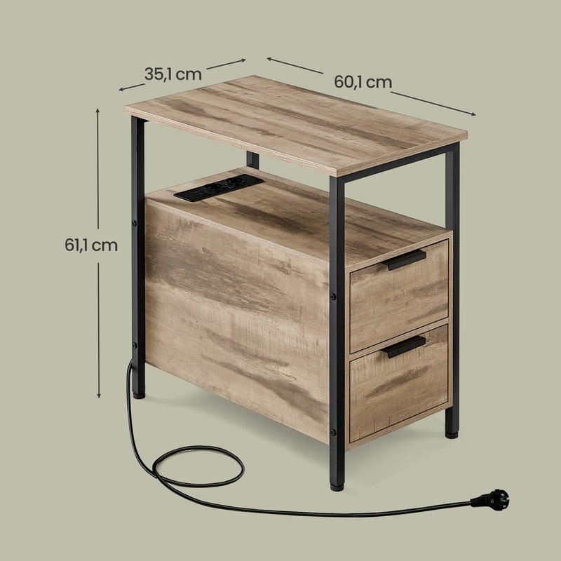 Table d’Appoint avec Prise Intégrée, 2 Tiroirs, pour Salon et Chambre, Marron Camel et Noir - 5