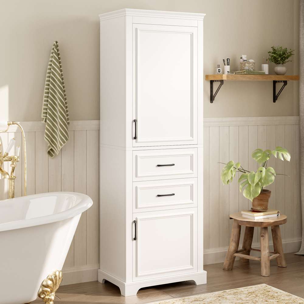 Armoire de salle de bain 60x40x180 cm en MDF blanc avec 2 tiroirs, 2 placards, étagères réglables et charnières soft-close - 3