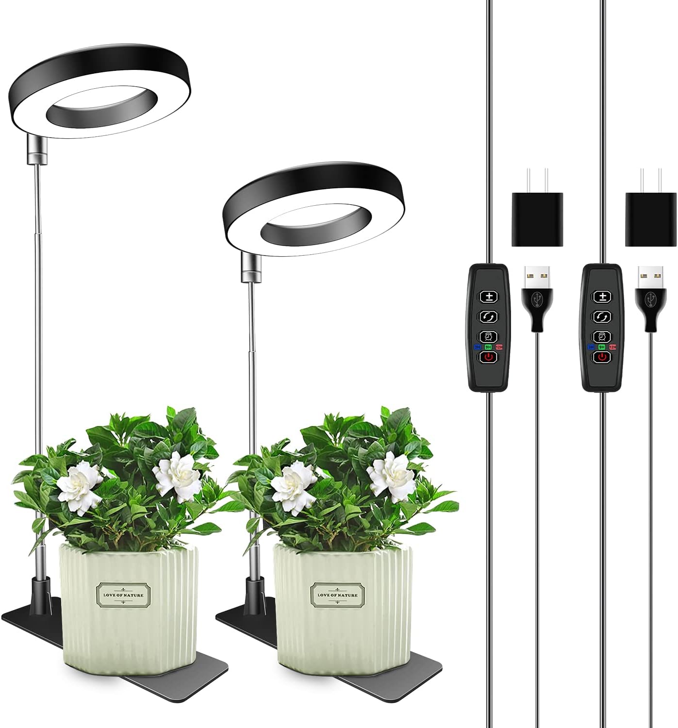 Czarna lampa do uprawy roślin z teleskopowym drążkiem 16-65 cm, 2 zasilacze z podstawą, ciepłe białe światło, ustawienie timera