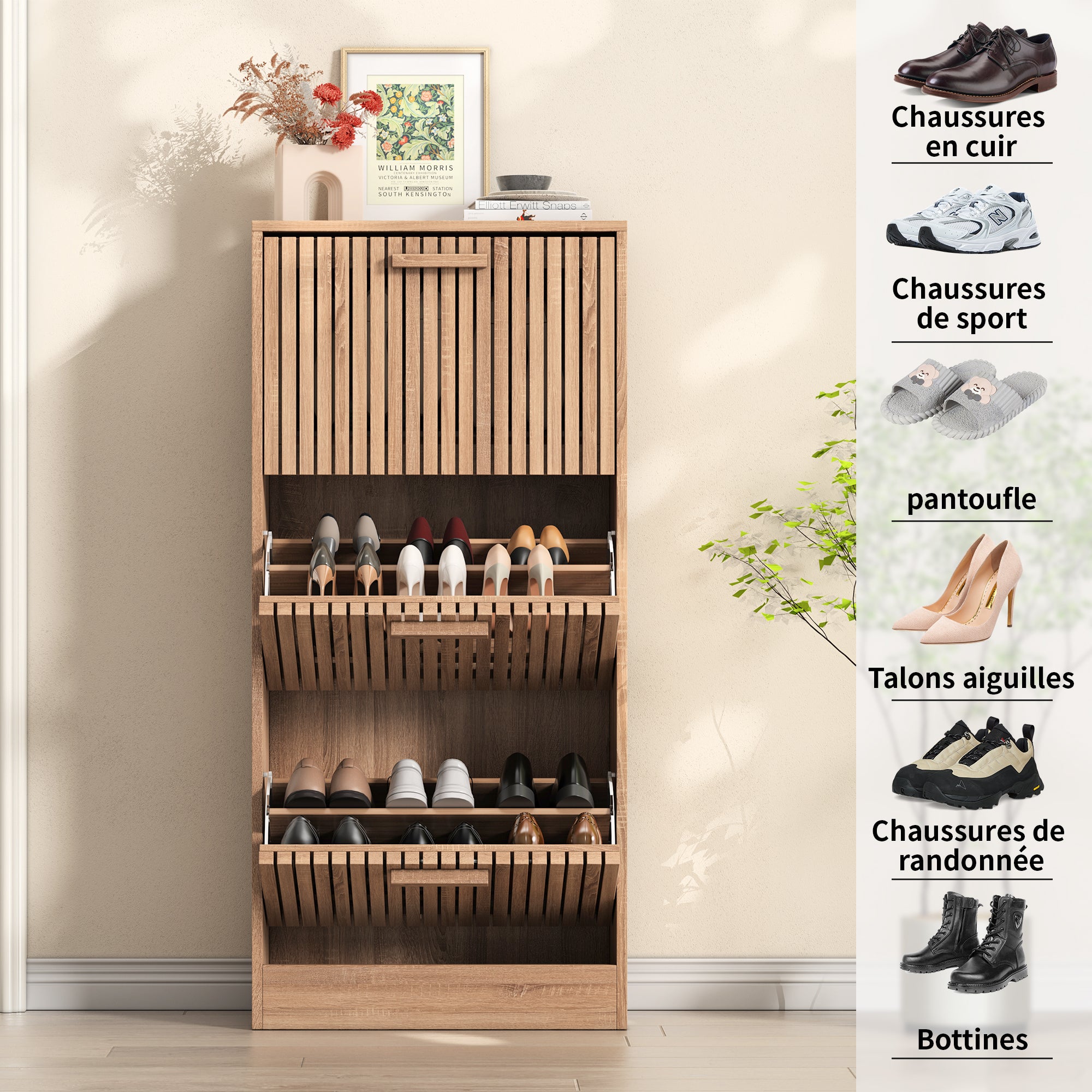 Meuble à chaussures étroit à tiroirs, avec 3 tiroirs à abattant, 60 x 24 x 113 cm, couleur bois naturel, Entrée, couloir, en bois - 6